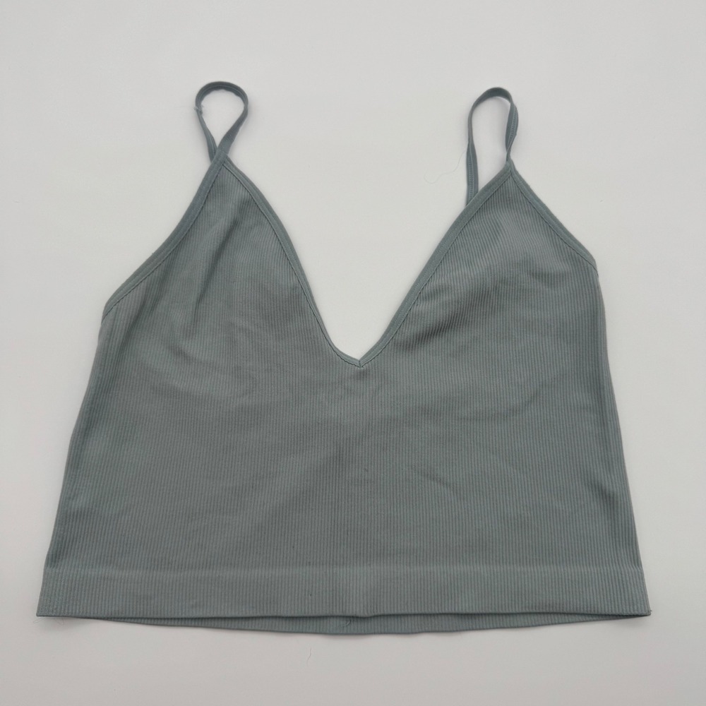 Forever 21 Ribbed Seamless Cami Crop Top Blue Gray V-Neck Adjustable Straps M/L